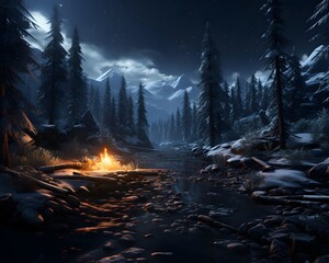 A bonfire in the forest at night. Camping in the mountains.