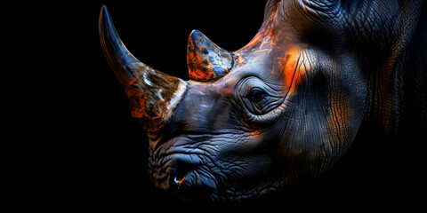 Wild rhino on black background,Portrait of a beautiful Rhinoceros. - obrazy, fototapety, plakaty