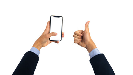 businessmanhands using smartphone with blank screen, isolated on white background