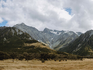Fototapeta na wymiar Layered peaks with glaciers and evergreen trees above dry grassland