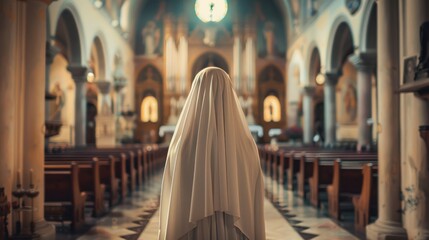 Back view of nun in church created. - obrazy, fototapety, plakaty
