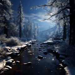 Frozen winter landscape with a river and trees. 3d rendering