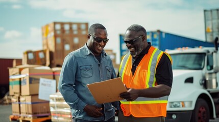 Black people freight transportation manager and truck driver through checklist product on parking lot.