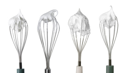 Many different whisks with cream isolated on white, collection