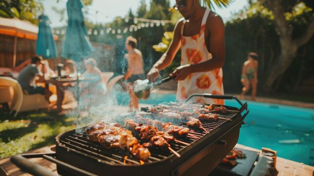 A male making barbecue at poolside party with family in backyard.