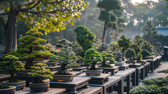 an array of beautiful bonsai tree exhibits, with various types and sizes displayed beautifully. Ai generated Images