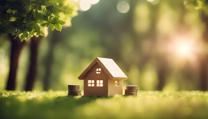 Green and environmentally friendly housing concept. Miniature wooden house in spring grass, moss and ferns on a sunny day. Eco house, Eco friendly home design template with copy space. - obrazy, fototapety, plakaty