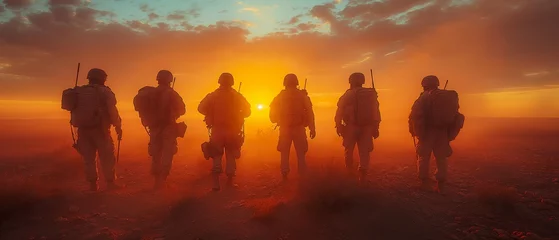 Foto op Canvas An Armed Detachment Of Soldiers Walking At Sunset. Generative AI © MICHAEL KUK