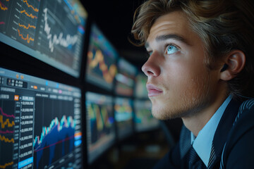 Portrait of young businessman looking at computer monitor with stock market data
