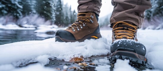 A person is standing on top of snow-covered ground, with their hiking boots clearly visible. The scene conveys a sense of winter and outdoor activity.