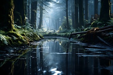 Panoramic view of a river in the dark forest with a fog