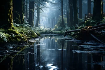 Fototapete Morgen mit Nebel Panoramic view of a river in the dark forest with a fog