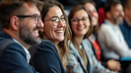 Fototapeta premium Happy entrepreneurs attending business seminar in conference hall.