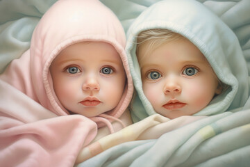 Adorable Baby Twins in Pastel Colors Outfits. Perfect for Baby-Themed Designs