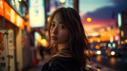 Obraz premium a Japanese woman poses on the streets of a Japanese city in the afternoon, against the backdrop of a colorful twilight sky and the city lights starting to come on. Ai generated Images
