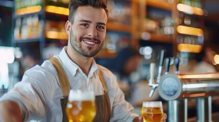 Happy waiter serving beer drinks while working in bar - obrazy, fototapety, plakaty