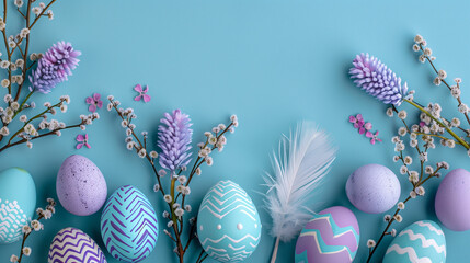 Happy Easter. Horizontal banner, colorful eggs on blue background, pastel colors