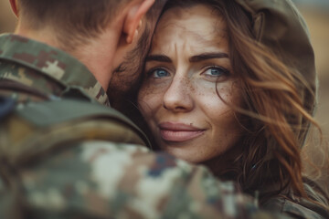 A young sad girl hugs her military boyfriend and sees him off to war