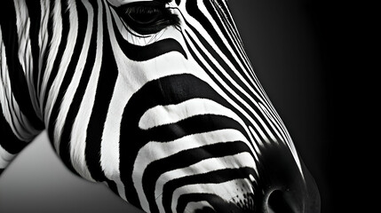Close up of a black and white zebra skin on a black background