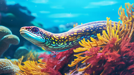 Ribbon moray eel fish reef tropical sea background - obrazy, fototapety, plakaty