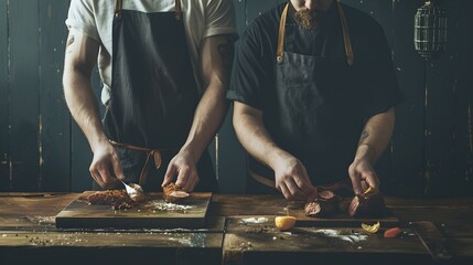 Two chefs preparing food on a dark wooden counter. culinary expertise in action. capture their skill and focus. genuine kitchen scene. AI - obrazy, fototapety, plakaty
