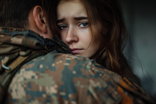 A young sad girl hugs her military boyfriend and sees him off to war