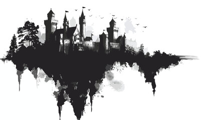 Flying castle graphic black white landscape