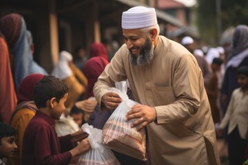Scene of community members coming together to distribute food and gifts to those in need as part of their Eid al-Fitr traditions, embodying the spirit of generosity and compassion.