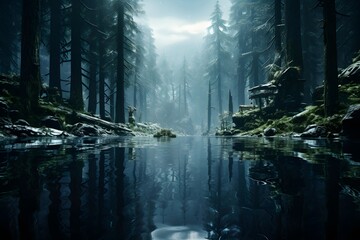 Panoramic view of a dark forest lake in a foggy day