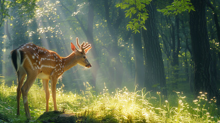 Gentle deer grazing serenely in the sun-dappled forest glade. 