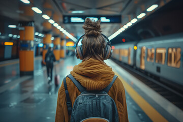 Rear view of a girl with a backpack and headphones standing on a subway station platform