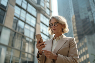 Fototapeta premium Mature business woman with glasses on a city street uses a smartphone and looks away