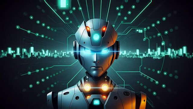 The face of a cyborg robot with glowing blue eyes on futuristic technology background. Artificial intelligence, neural networks concept.