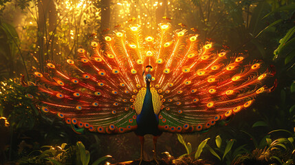 Exotic peacock spreading its iridescent feathers in a lush rainforest. 