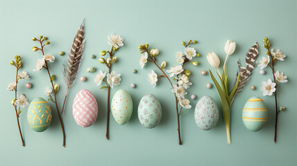  Happy Easter. Horizontal banner, colorful eggs on light green background,  pastel colors