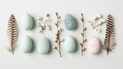Easter. Horizontal banner, colorful eggs on white background, natural, pastel colors