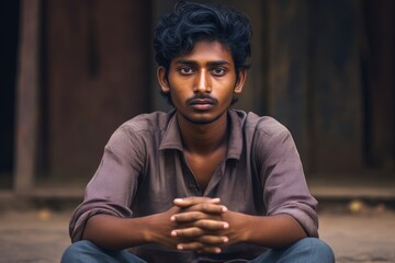 Young Dalit man in his early 20s, dressed in simple yet dignified traditional attire, his gaze direct and hopeful, embodying the aspirations and resilience of the Dalit youth striving for c