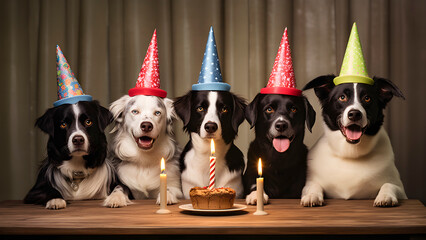 Dog Birthday party with a cake and candle. AI generated - 751209287