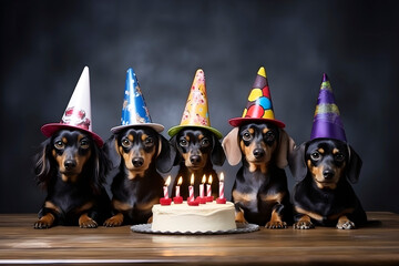 Group of Dachshunds in Party Hats Celebrating With Birthday Cake. AI generated - 751209297