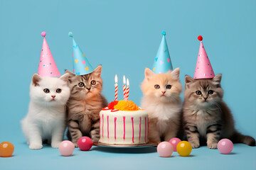 Kittens Surround Birthday Cake. AI generated - 751209298
