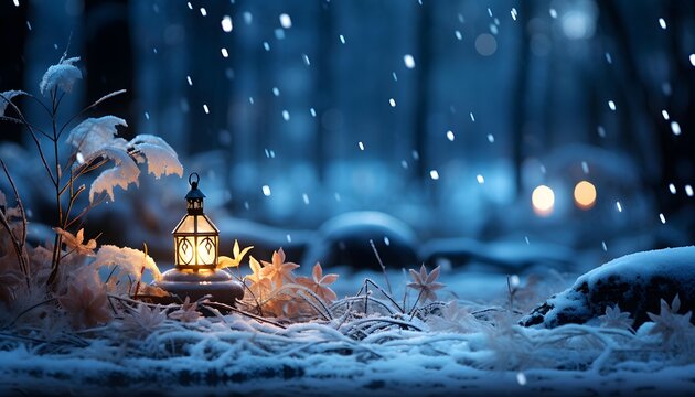 Christmas lantern in the snowy forest at night, panoramic banner