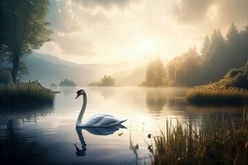 beautiful, landscape, swan, floating, water, nature, serene, peaceful, bird, pond, tranquility, beauty