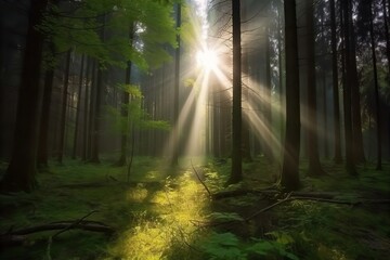 Fototapeta premium sunlight, forest, green, beautiful, rays, nature, trees, landscape, scenery, tranquil, serene, shadows, foliage