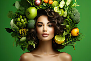 Fototapeta na wymiar Green background of a woman with vegetables in her hair, banner voor vegan day or vegetarian week