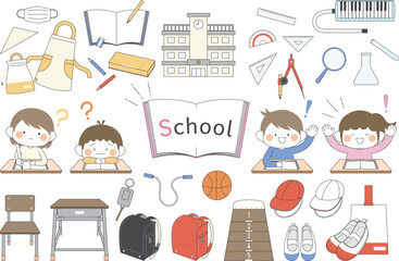 学校生活で使うものと子供たちのイラストセット(カラフル)