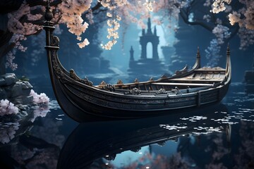 Vintage gondola with cherry blossoms on the water surface