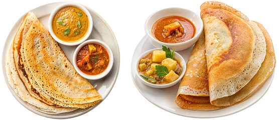 Indian dosas on a plate with different dips, side and top view, isolated on a white background