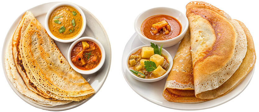 Indian dosas on a plate with different dips, side and top view, isolated on a white background