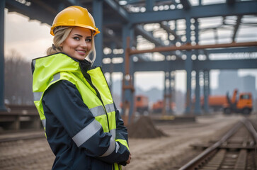 beautiful smilling Young female worker site engineer with a safety vest and hardhat