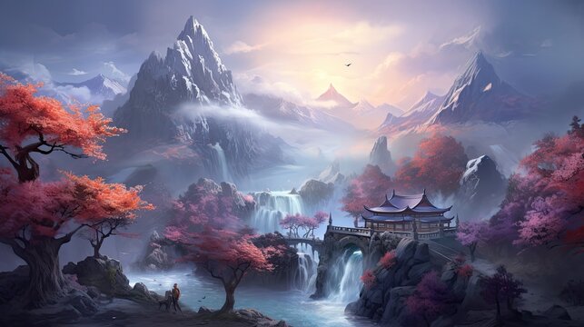 Fantasy Chinese Style Scenes - Digital Artwork for Video Game Backgrounds and Illustrations